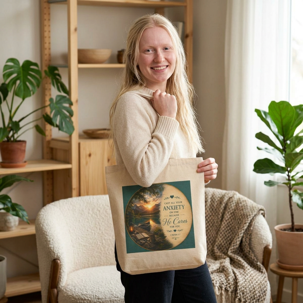 Christian cotton canvas tote bag featuring 1 Peter 5:7, “Cast All Your Anxiety on Him,” with peaceful nature-inspired artwork and reinforced shoulder straps for church, Bible study, shopping, and everyday use.