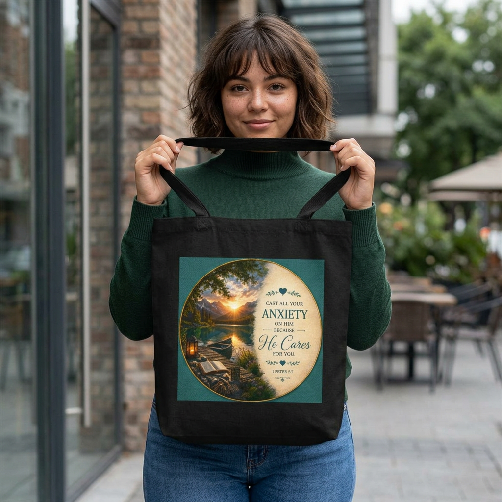 Christian cotton canvas tote bag featuring 1 Peter 5:7, “Cast All Your Anxiety on Him,” with peaceful nature-inspired artwork and reinforced shoulder straps for church, Bible study, shopping, and everyday use.