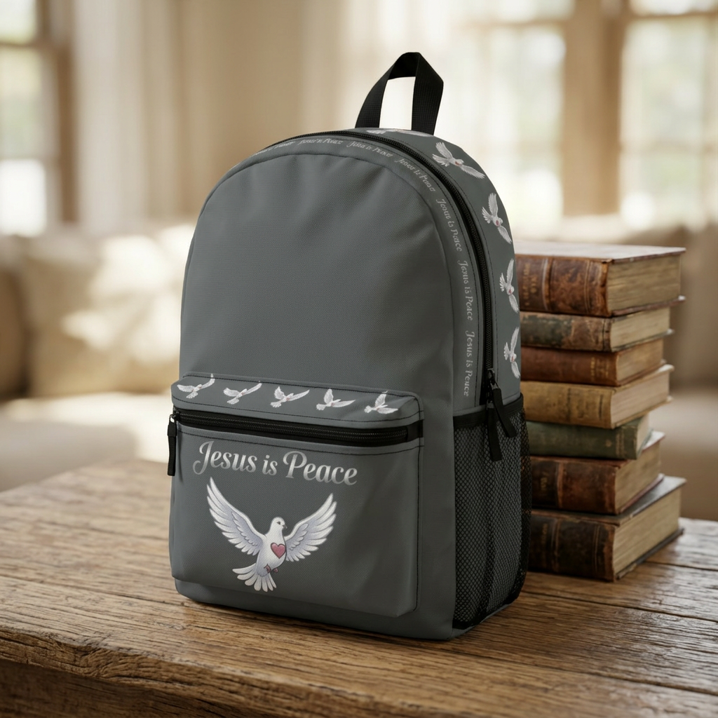 Gray backpack with 'Jesus is Peace' text and dove design on a wooden surface with books in the background.