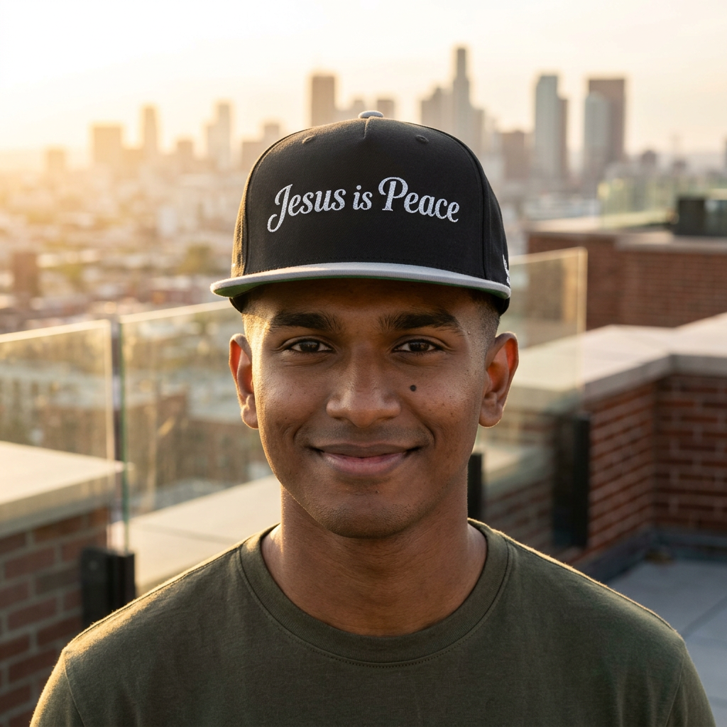 A smiling man wearing a black baseball cap with 'Jesus is Peace' in white script, photographed outdoors on a rooftop with a city skyline in the background at sunset.