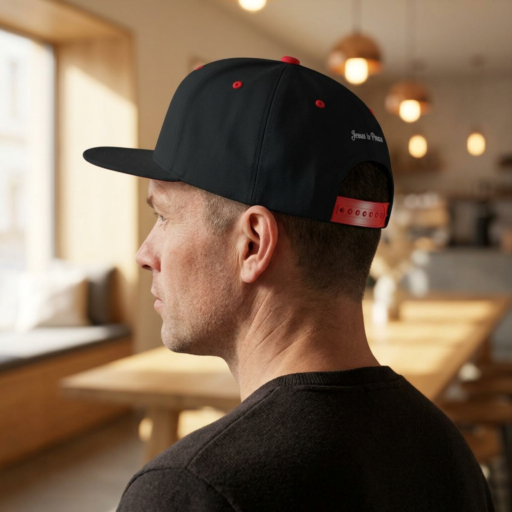 A man in profile wearing a black baseball cap with red accents and white 'Jesus is Peace' text, photographed in a warm, softly blurred indoor setting.