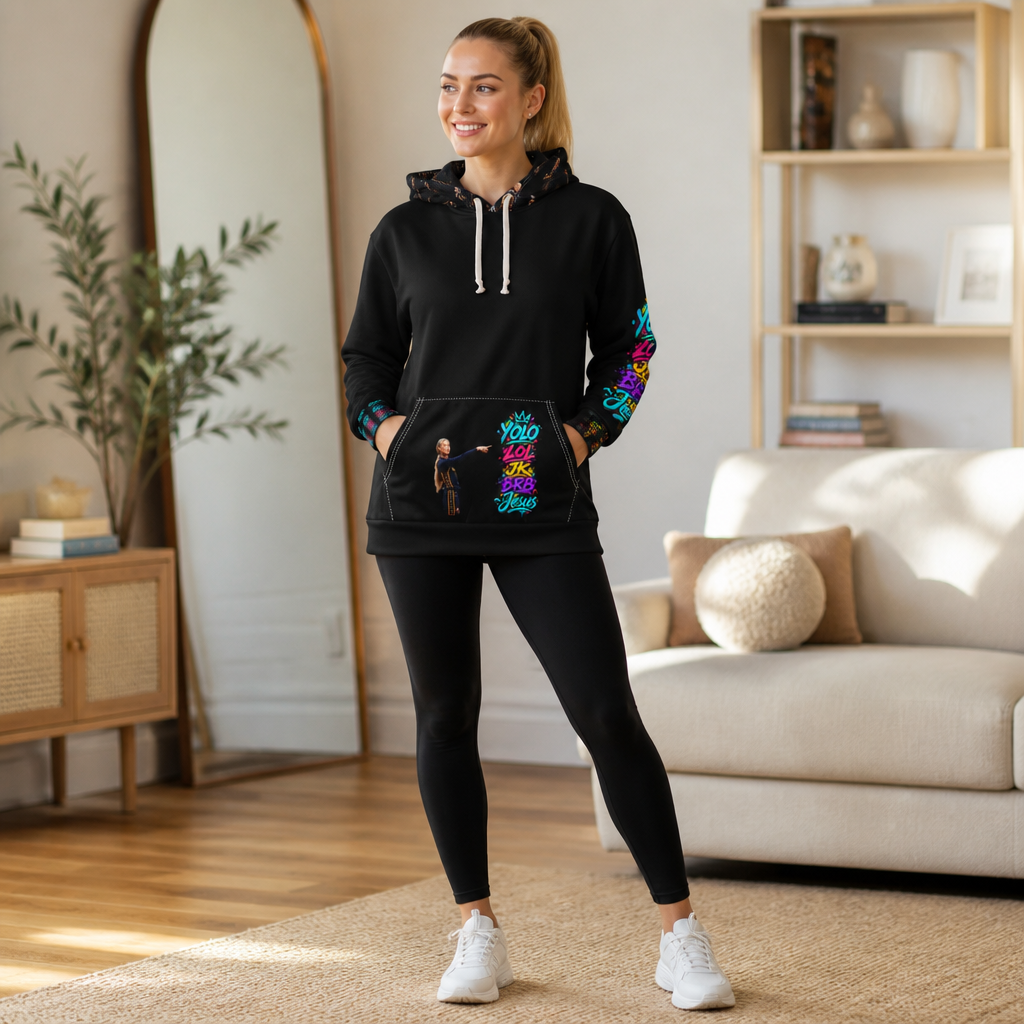 Black personalized pullover hoodie with colorful YOLO LOL JK BRB ~Jesus graffiti artwork, illustrated woman pointing toward the words, coordinating sleeve and cuff graphics, patterned hood, kangaroo pocket artwork, and custom name on the front chest.