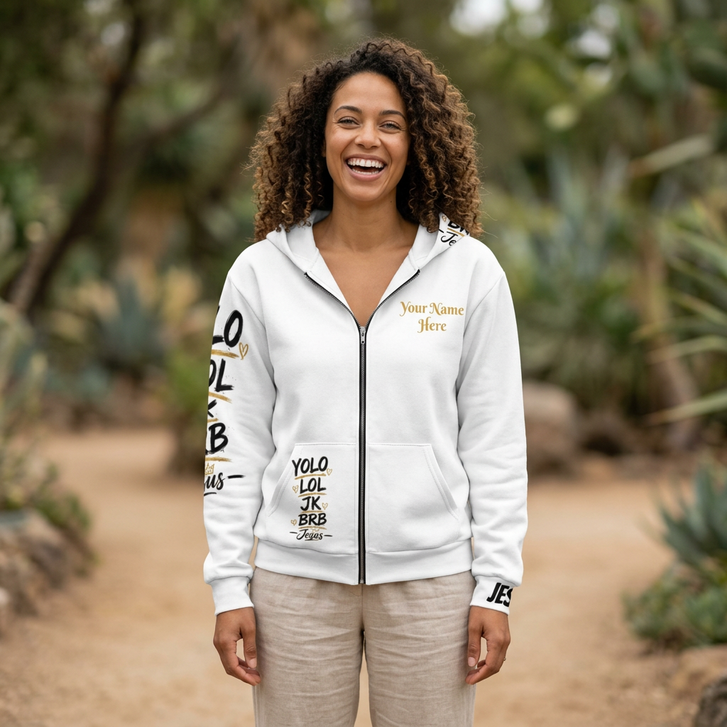 YOLO LOL JK BRB ~Jesus Personalize Zip Hoodie | Black & Gold Christian Graphic Hoodie