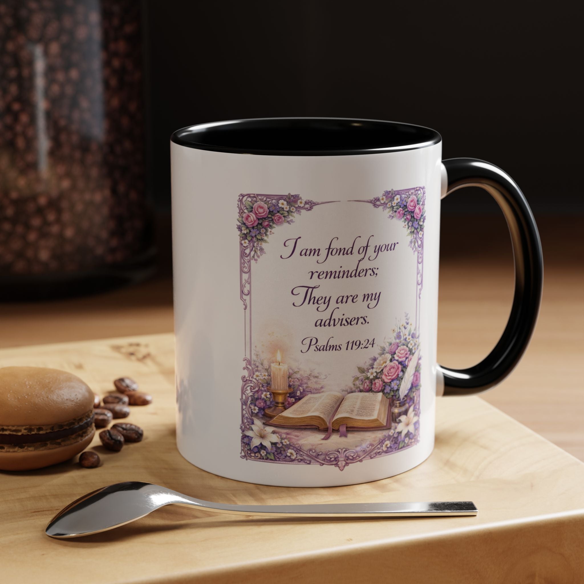 Inspirational Christian ceramic accent coffee mug featuring Psalm 119:24, delicate floral artwork, and the message “I am fond of your reminders” with colorful handle and interior accents.