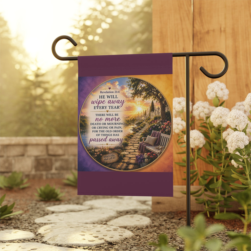 Inspirational Christian garden flag featuring a peaceful sunset garden path and bench with Revelation 21:4 scripture “He Will Wipe Away Every Tear” in warm glowing tones.