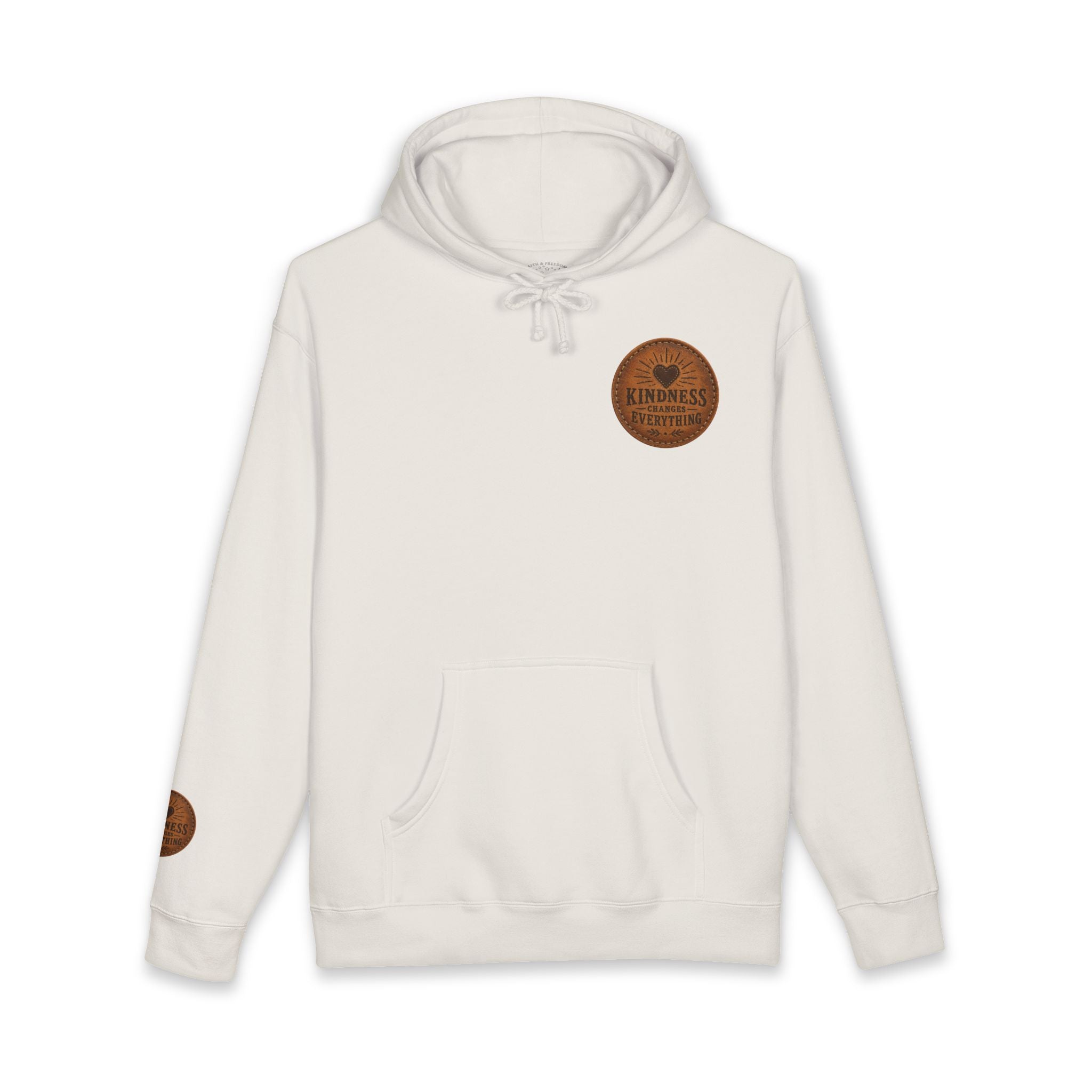 Heavyweight hoodie featuring vintage leather-style "Kindness Changes Everything" patch artwork on the chest, elbow, and back with a relaxed fleece-lined design.