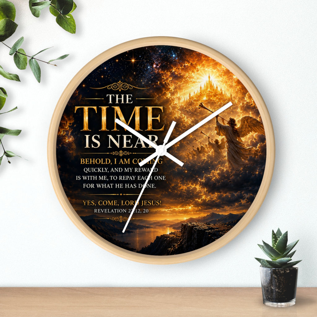 Inspirational Christian wall clock featuring fiery skies, a radiant heavenly city, and Revelation 22:12-20 scripture artwork with “The Time Is Near” message.