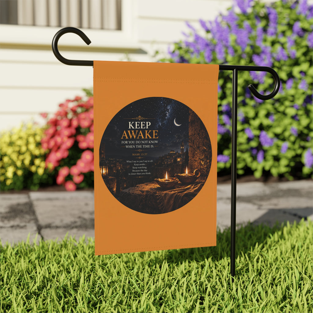 Inspirational garden flag featuring candlelight, a crescent moon, and a glowing stone pathway with the phrase “KEEP AWAKE” in warm golden tones against deep indigo skies.