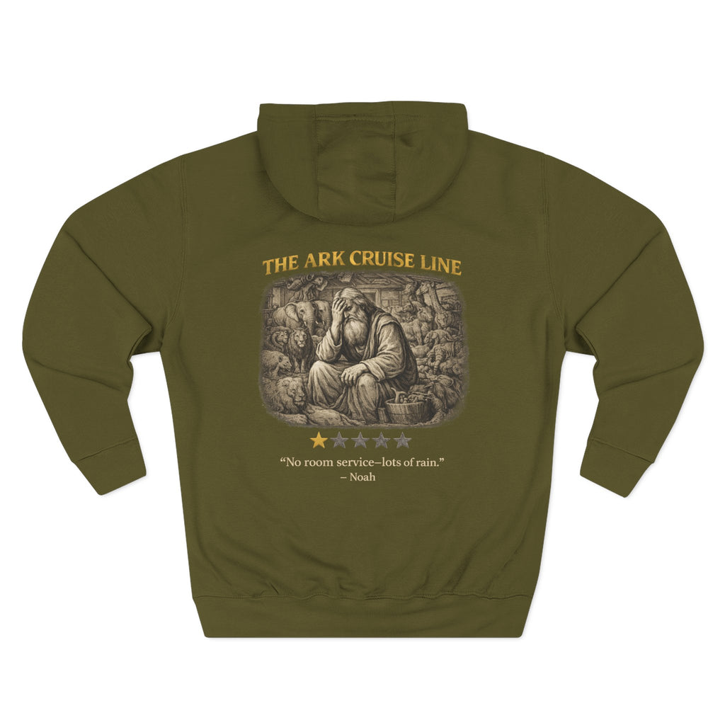 Back view of a light green hooded sweatshirt featuring “The Ark Cruise Line” in gold lettering above a vintage illustration of Noah surrounded by animals aboard the ark. Below the artwork is a one-star rating and the playful quote, “No room service—lots of rain.” The design combines biblical storytelling with lighthearted humor in the signature Five-Star Faith Series™ style.