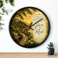 Inspirational Christian wall clock featuring a peaceful cottage garden path at sunset with Matthew 11:28 scripture inviting rest and peace.
