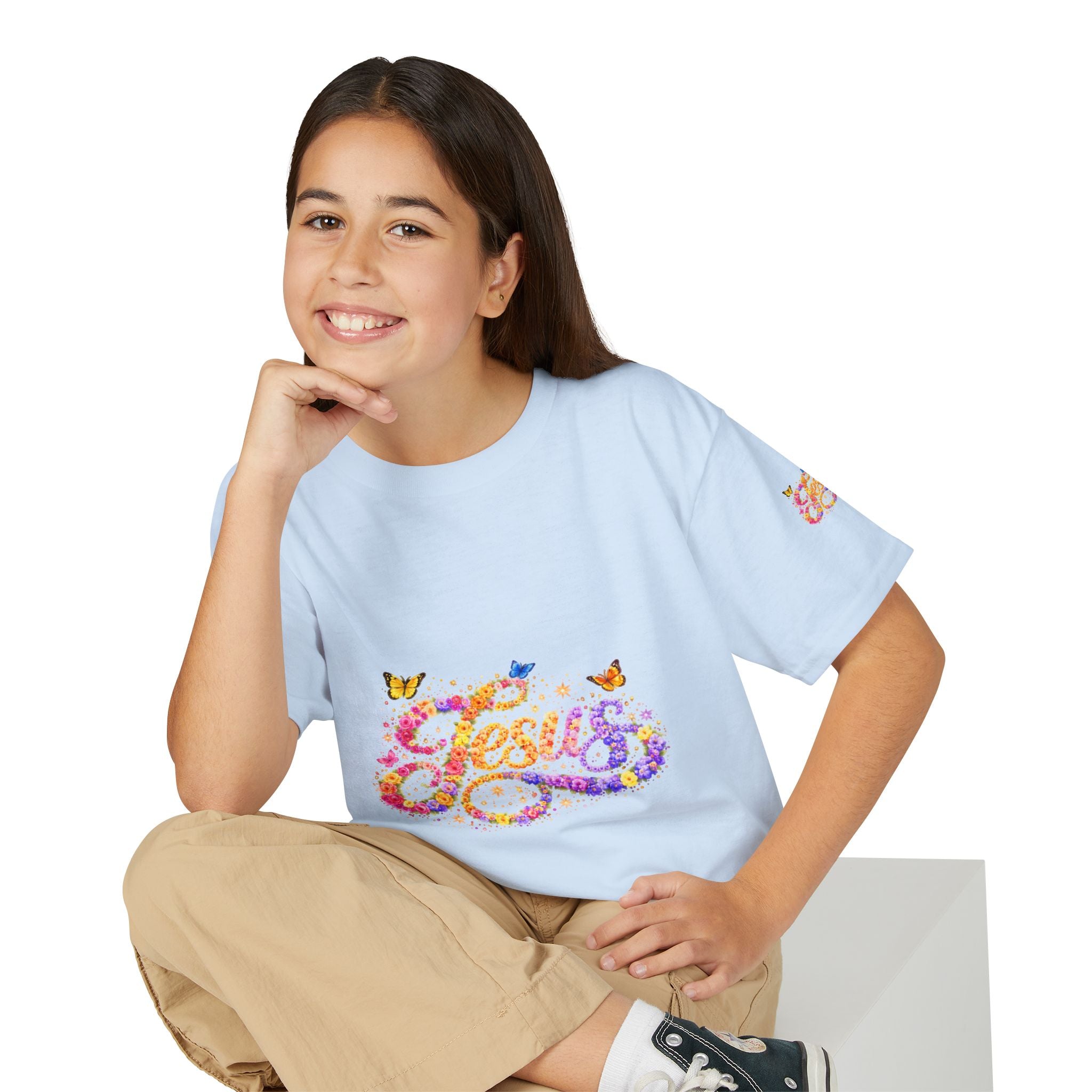 Youth Jesus Floral Butterfly T-Shirt – Christian Kids Faith Tee | Gratitude Sneaker Style Shirt