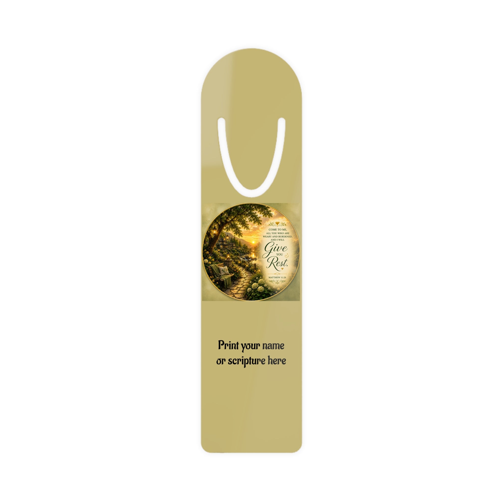 Personalized Christian aluminum bookmark featuring a peaceful “Give Rest” message inspired by Matthew 11:28, with custom name option, brushed metal backing, and secure page-holding slot for books, journals, and devotionals.