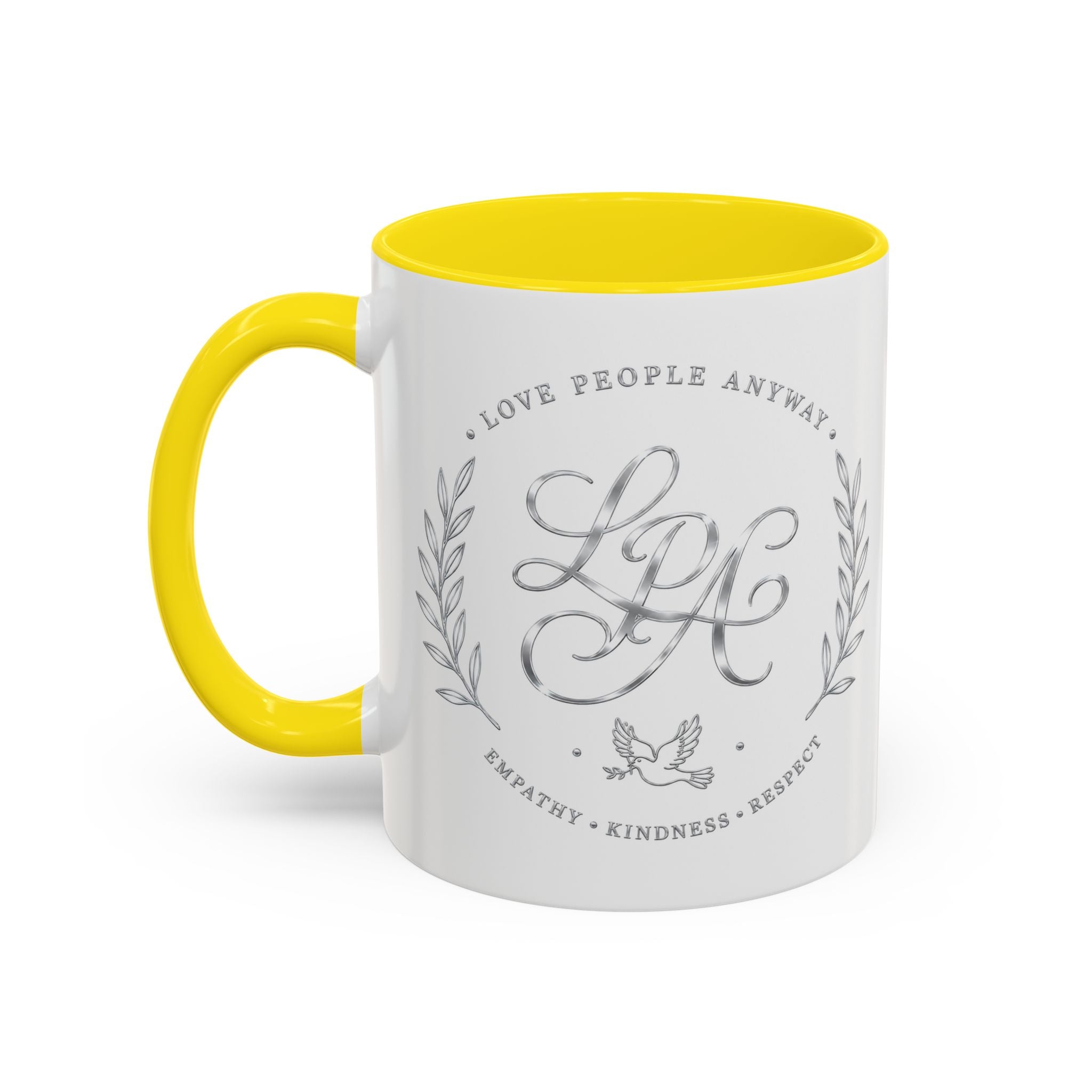 Love People Anyway Silver Accent Coffee Mug | Inspirational Monogram Mug | Faith Freedom Creations