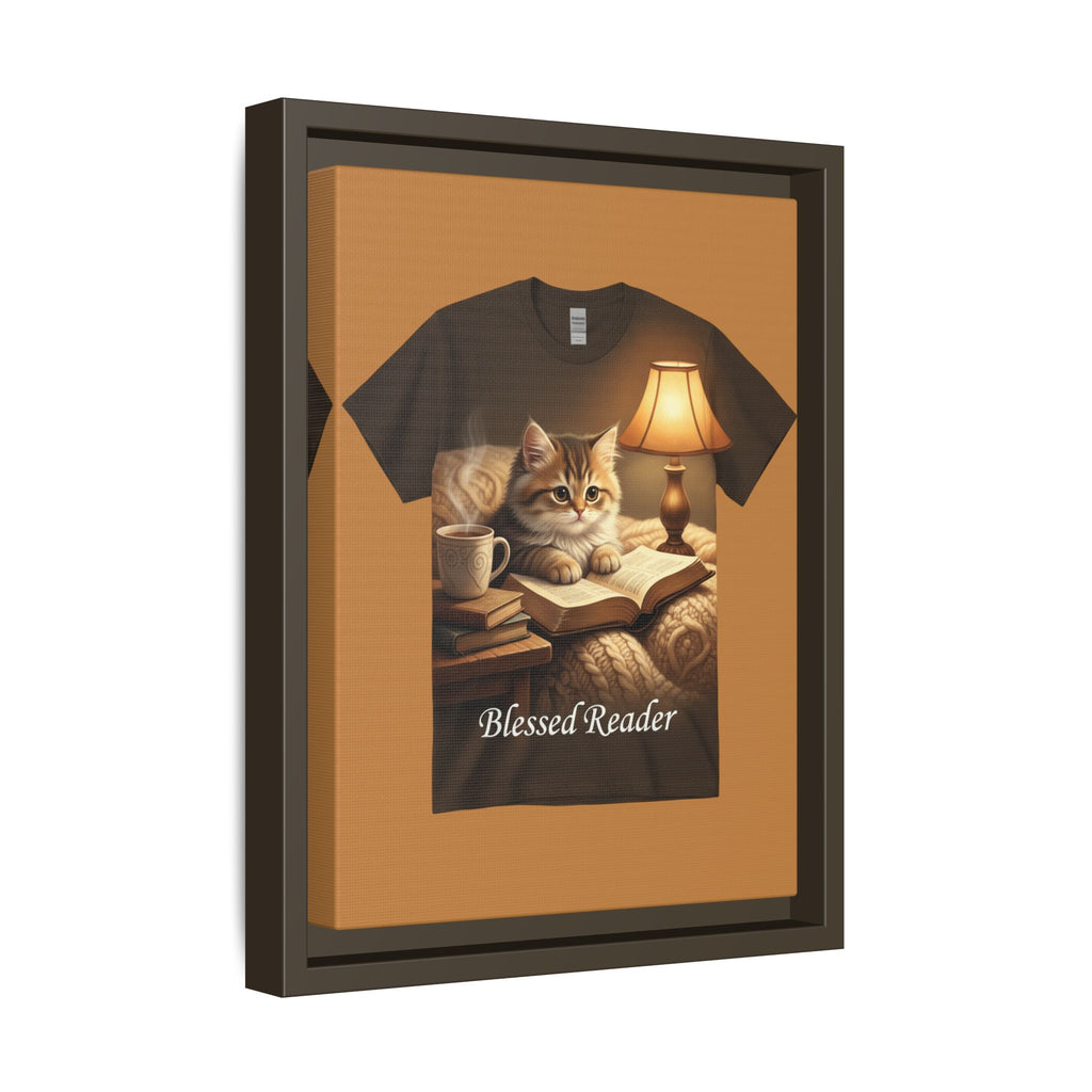 Blessed Reader Framed Canvas Print – Cozy Cat Reading Wall Art | Book Lover Cat Decor