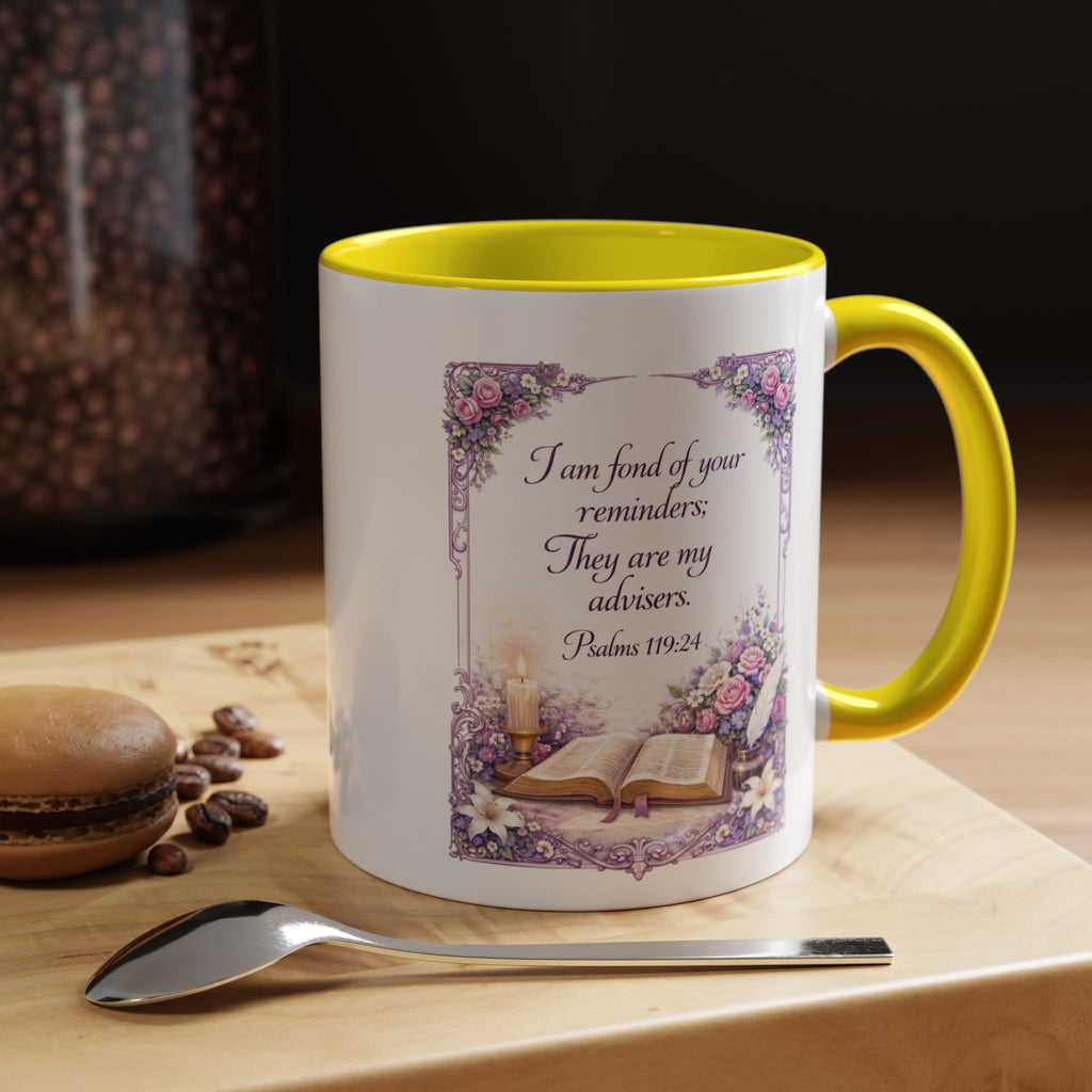 Inspirational Christian ceramic accent coffee mug featuring Psalm 119:24, delicate floral artwork, and the message “I am fond of your reminders” with colorful handle and interior accents.