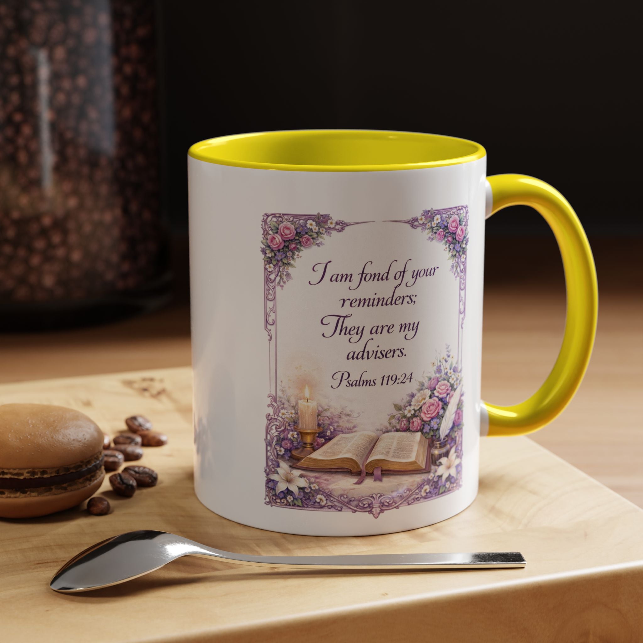 Inspirational Christian ceramic accent coffee mug featuring Psalm 119:24, delicate floral artwork, and the message “I am fond of your reminders” with colorful handle and interior accents.