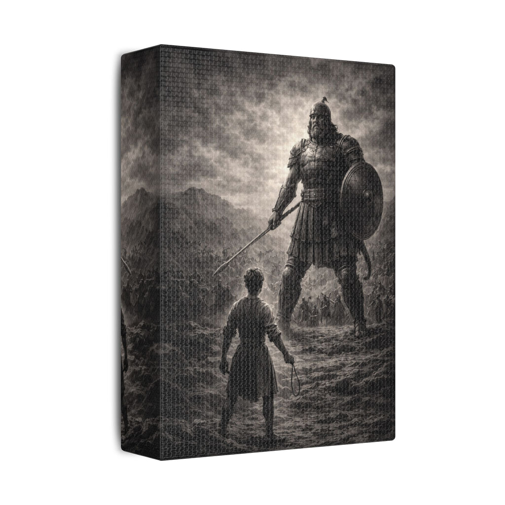 David vs Goliath Canvas — Monochrome Biblical Battle Wall Art