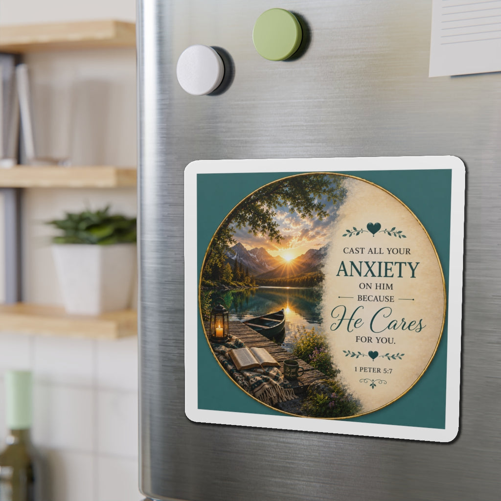 Christian die-cut magnet featuring a peaceful mountain lake sunrise, open Bible, canoe, and the scripture “Cast All Your Anxiety on Him Because He Cares for You” from 1 Peter 5:7 in teal and cream tones.