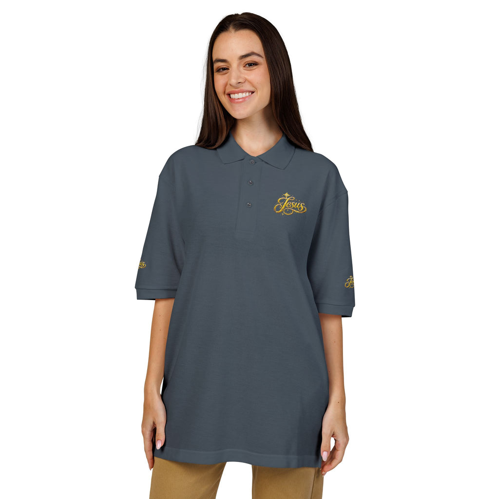 Jesus Gold Fleur Embroidered Polo – Christian Faith Collared Shirt | Elegant Unisex Church Polo