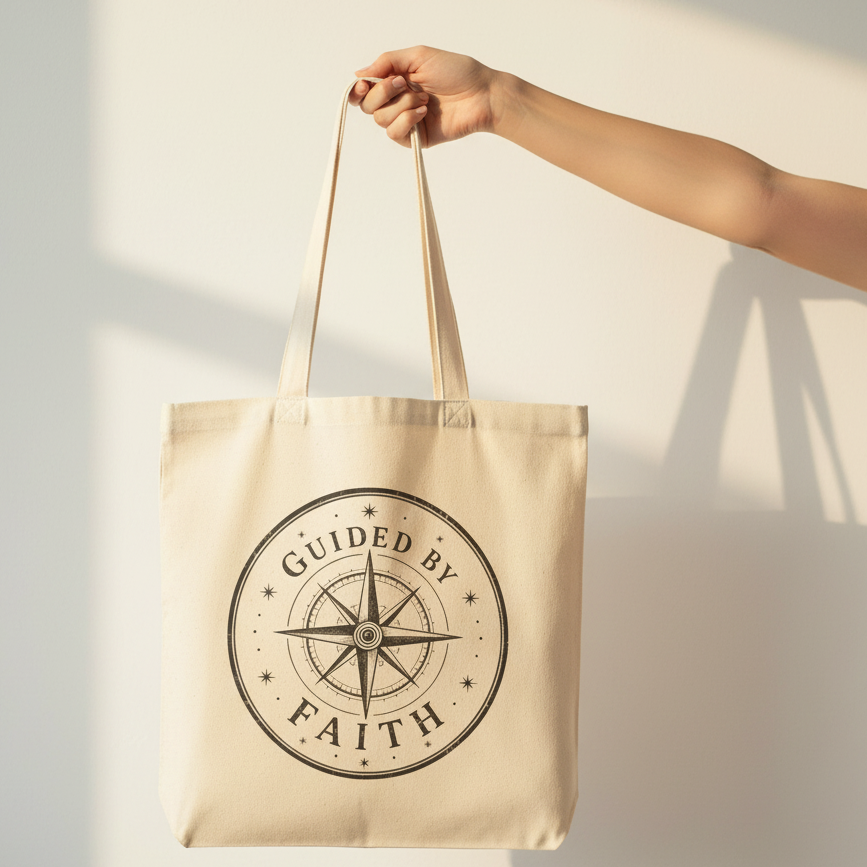 Guided by Faith Compass Tote Bag | Inspirational Christian Canvas Tote | Faith & Freedom Creations