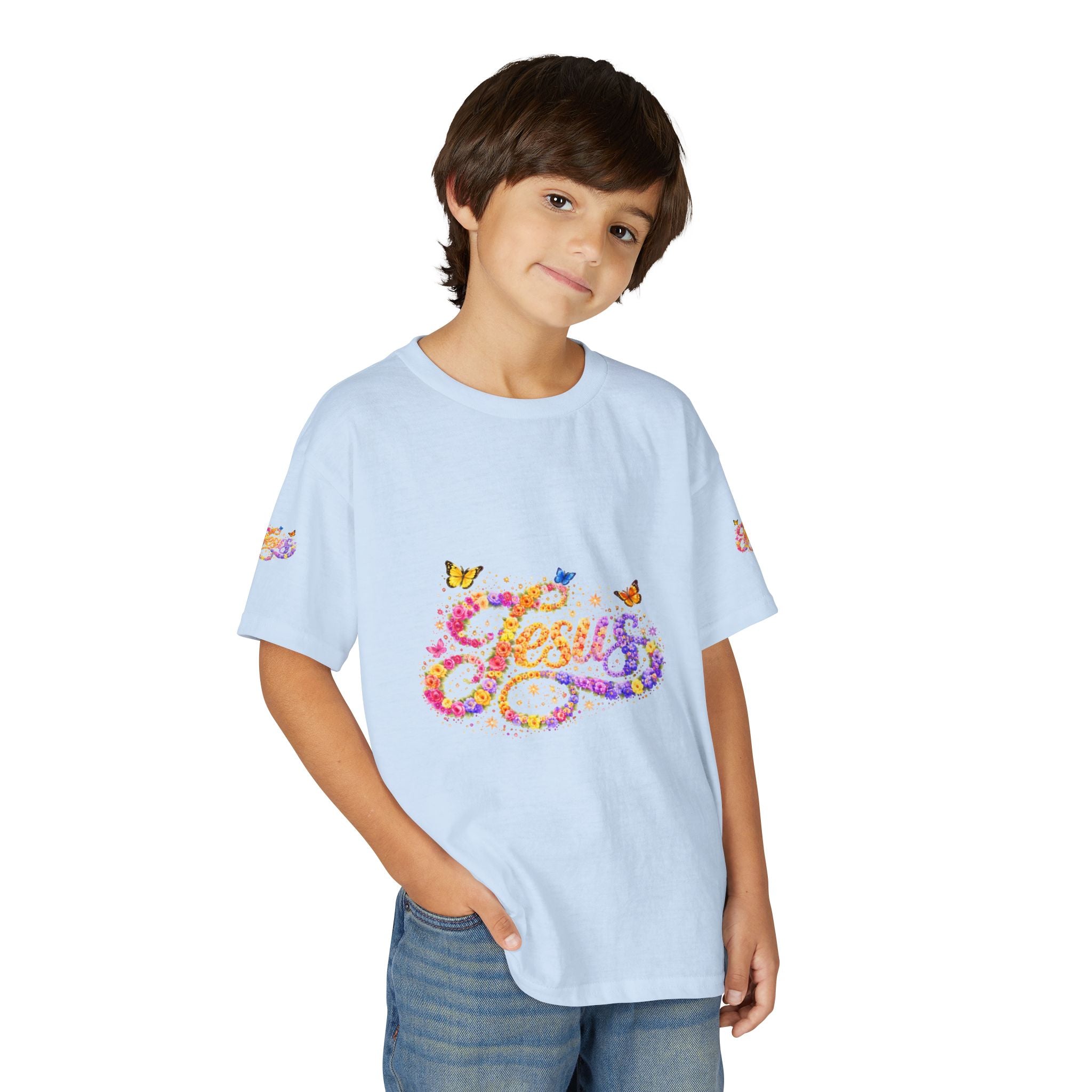 Youth Jesus Floral Butterfly T-Shirt – Christian Kids Faith Tee | Gratitude Sneaker Style Shirt