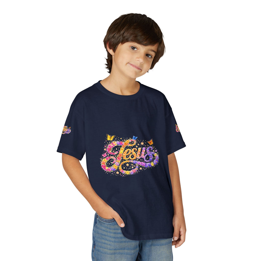 Youth Jesus Floral Butterfly T-Shirt – Christian Kids Faith Tee | Gratitude Sneaker Style Shirt