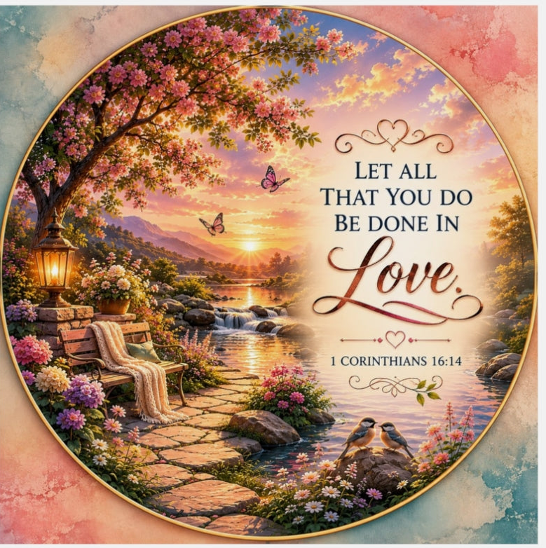 Christian die-cut magnet featuring 1 Corinthians 16:14, a colorful garden landscape with blooming flowers, butterflies, a peaceful stream, birds, and the scripture “Let All That You Do Be Done in Love” at sunset.