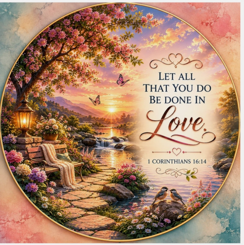 Christian die-cut magnet featuring 1 Corinthians 16:14, a colorful garden landscape with blooming flowers, butterflies, a peaceful stream, birds, and the scripture “Let All That You Do Be Done in Love” at sunset.
