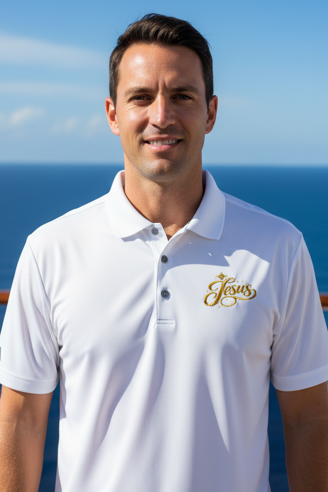Jesus Script Embroidered Polo – Gold Christian Golf Shirt | Premium Faith Performance Polo