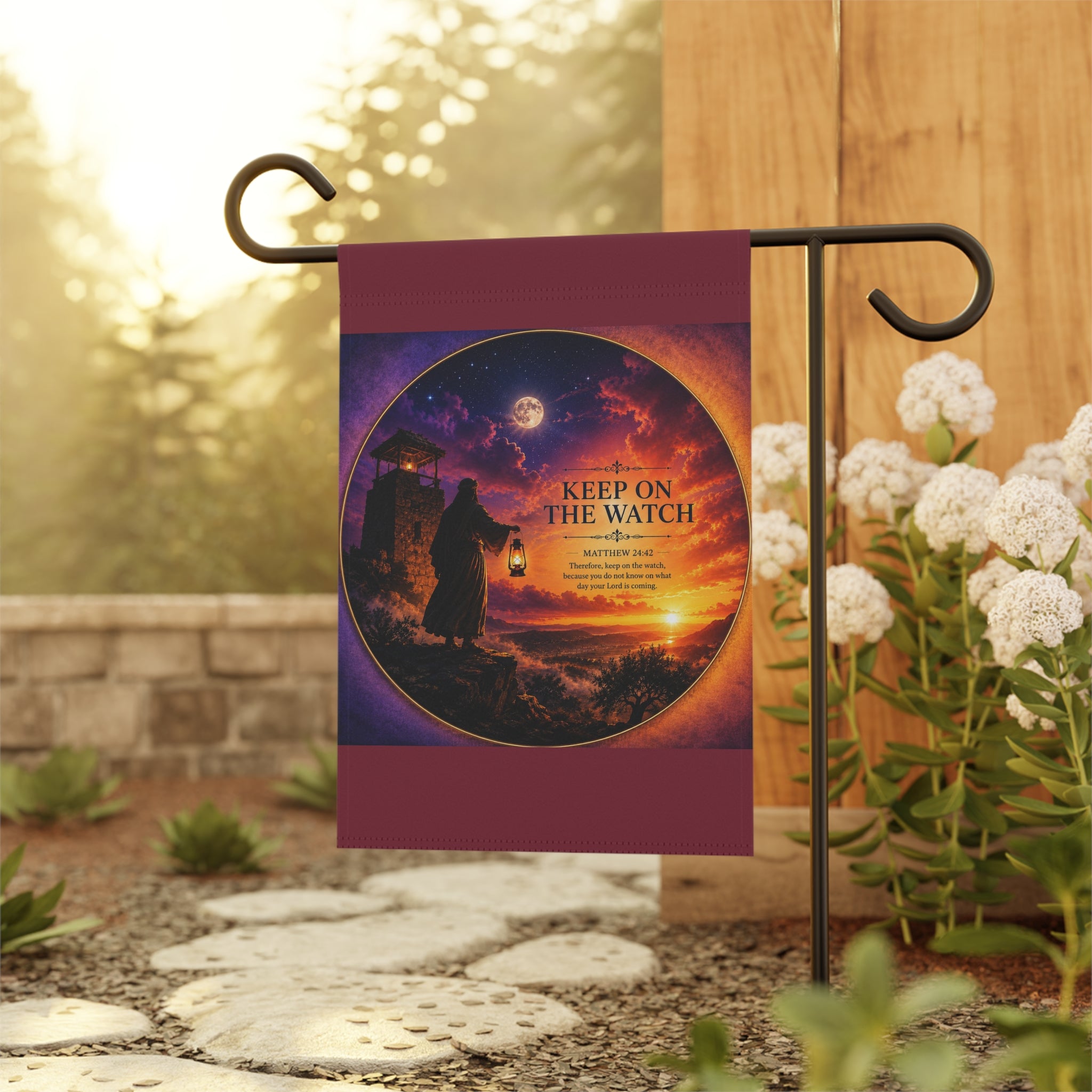 Inspirational Christian garden flag featuring a lantern-bearing watchman, lighthouse, glowing moon, and dramatic coastal sunset with the phrase “Keep On The Watch.”