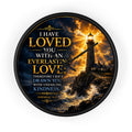 Inspirational Christian wall clock featuring a glowing lighthouse over stormy seas with Jeremiah 31:3 scripture about everlasting love in warm golden tones.