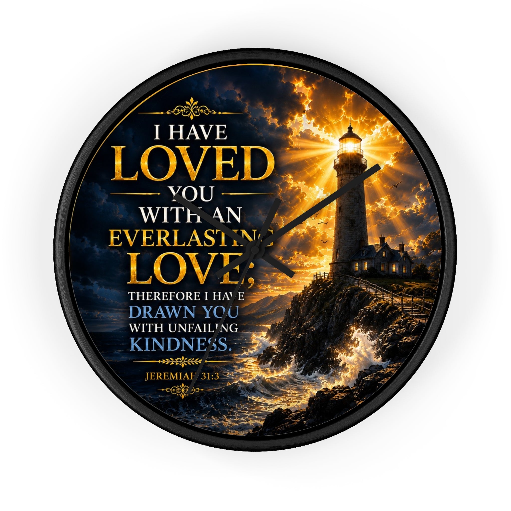 Inspirational Christian wall clock featuring a glowing lighthouse over stormy seas with Jeremiah 31:3 scripture about everlasting love in warm golden tones.