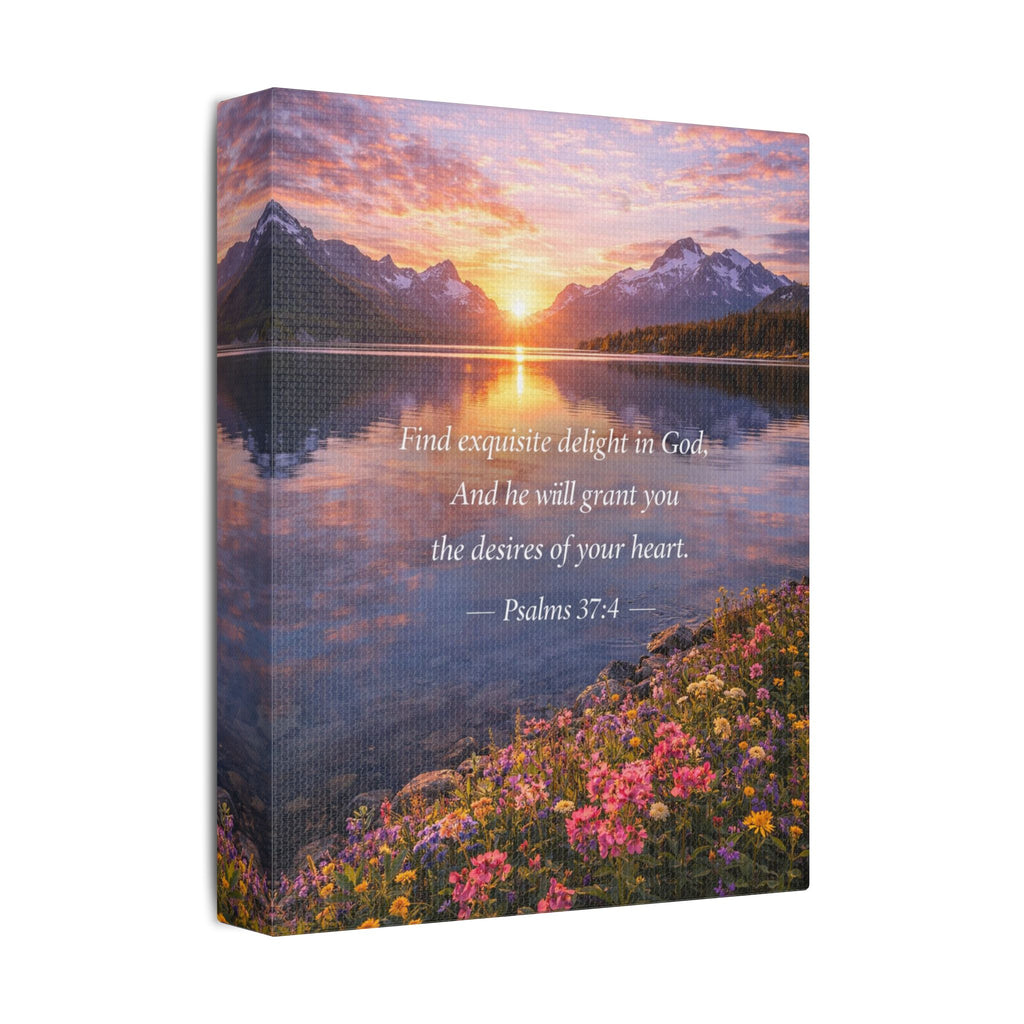 Sunset Lake Psalm 37:4 Canvas — Peaceful Christian Scripture Wall Art