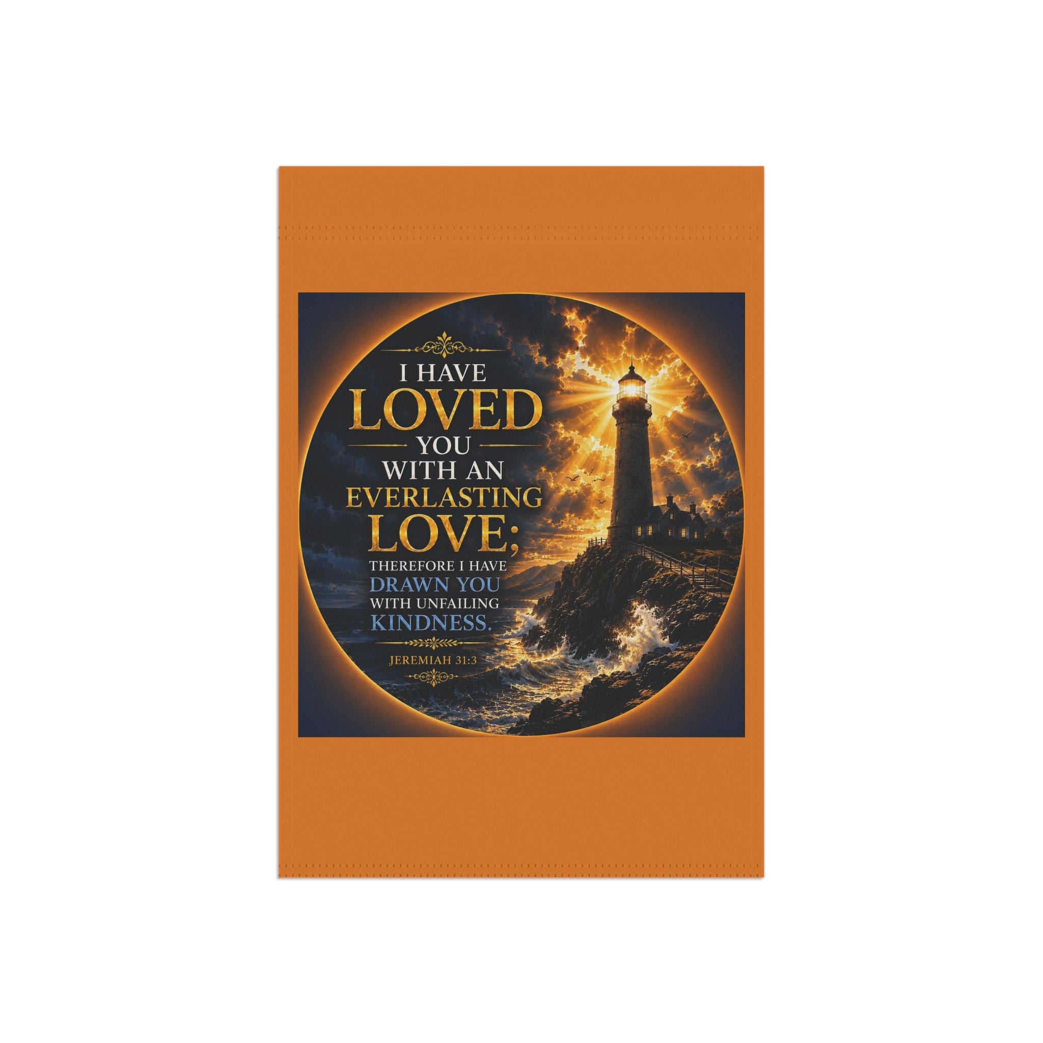 Everlasting Love Lighthouse Garden Flag | Jeremiah 31:3 Inspirational Outdoor Banner | Christian Coastal Decor