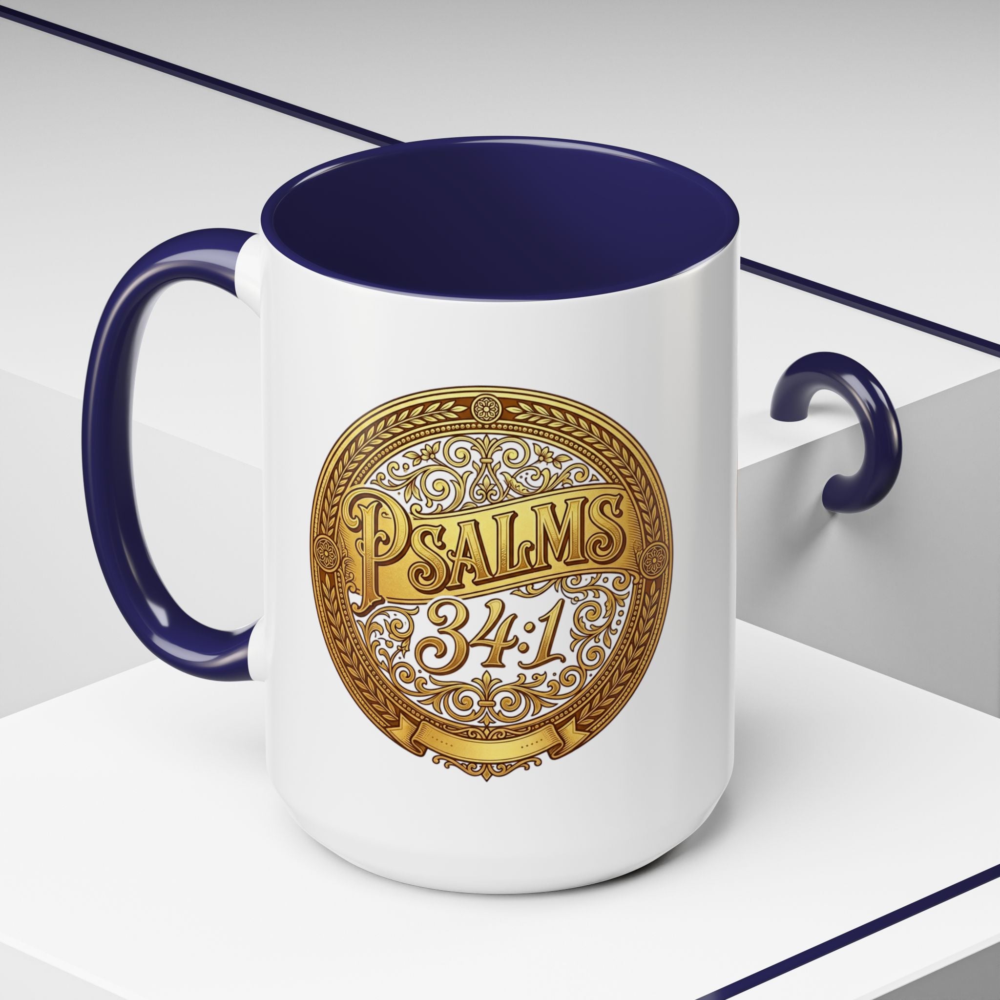 Inspirational Christian ceramic accent coffee mug featuring Psalm 34:1 in an ornate gold medallion design with colorful handle and interior accents.