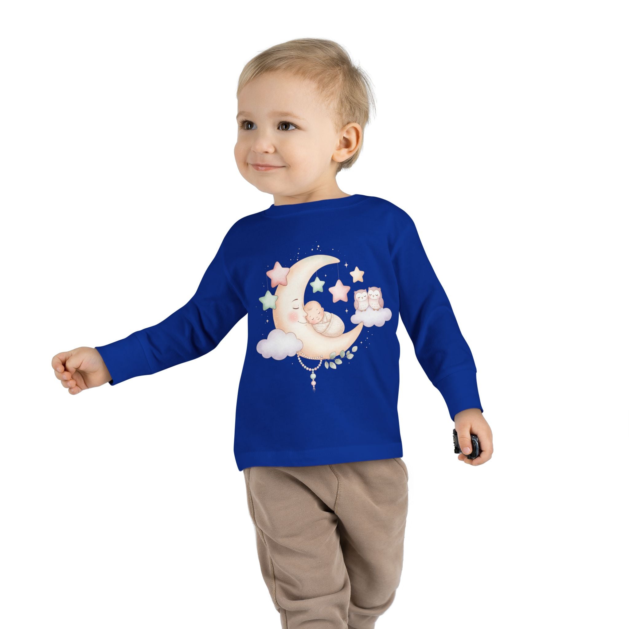 Baby Moon & Owl Toddler Long Sleeve Tee – Pastel Sleepy Moon Nursery Shirt | Cozy Toddler Pajama Style Tee
