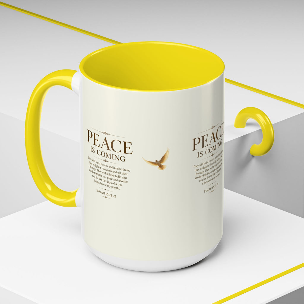Inspirational Christian accent coffee mug featuring a peaceful dove and Isaiah 65:21-25 scripture with glossy finish and colorful handle and interior.