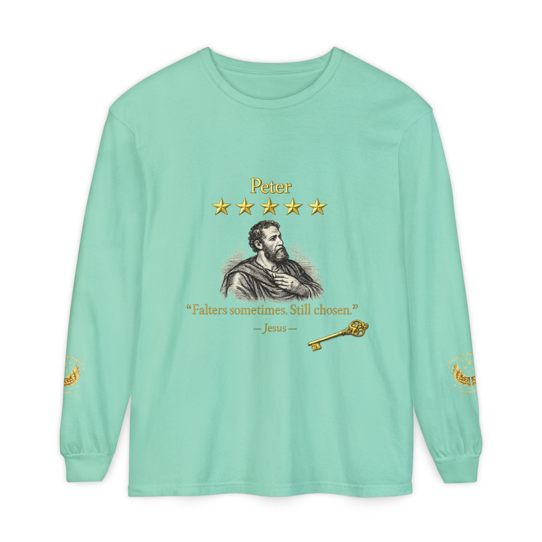 Peter Scripture Long Sleeve T-Shirt — "Falters sometimes. Still chosen." Review by Jesus