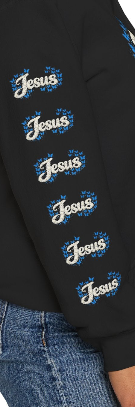 Butterfly Blossoms Hoodie – “Jesus” Floral Script Christian Pullover | Faith & Butterfly Hoodie