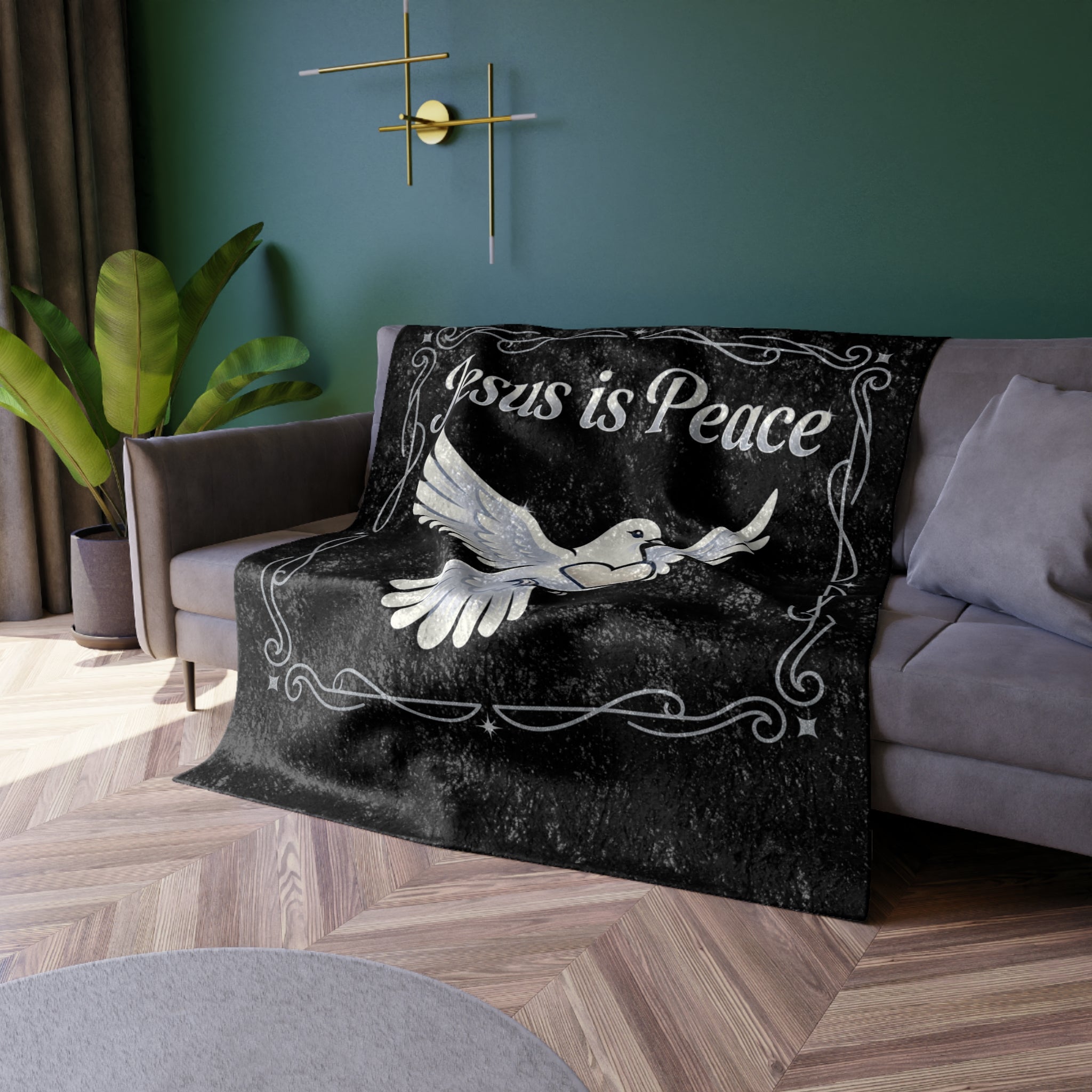Crushed Velvet Blanket — "Jesus is Peace" Dove Throw (Religious Comfort, Faith Gift)
