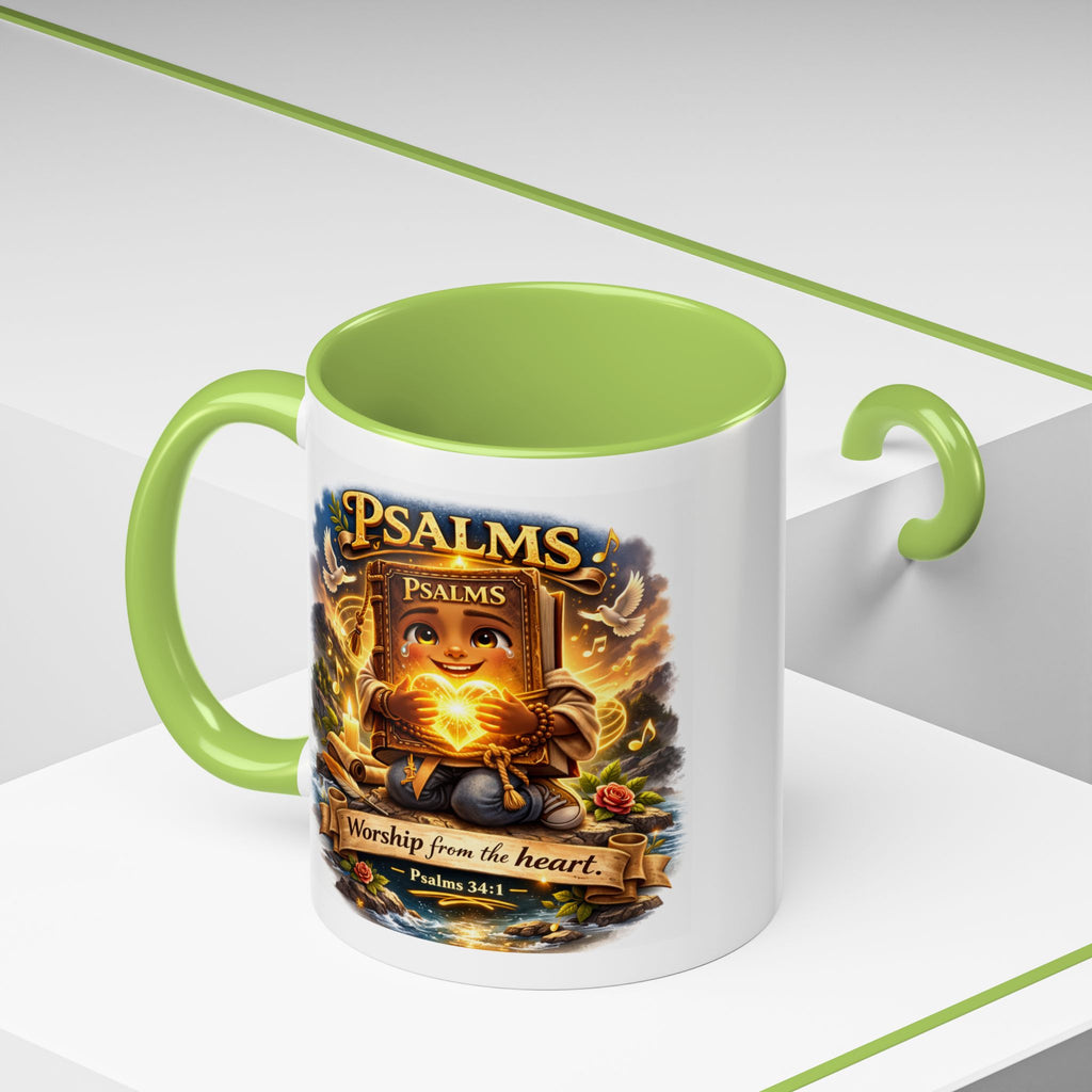 Inspirational Christian ceramic accent coffee mug featuring Psalm 34:1 and the message “Worship From the Heart” with colorful handle and interior accents on a glossy white mug.