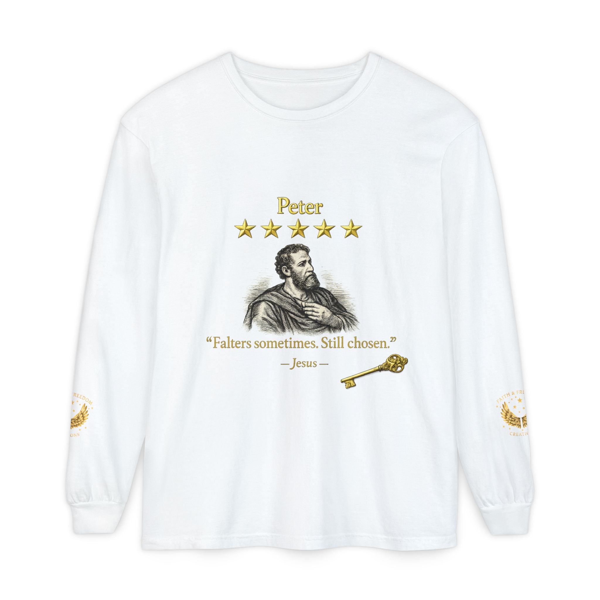 Peter Scripture Long Sleeve T-Shirt — "Falters sometimes. Still chosen." Review by Jesus