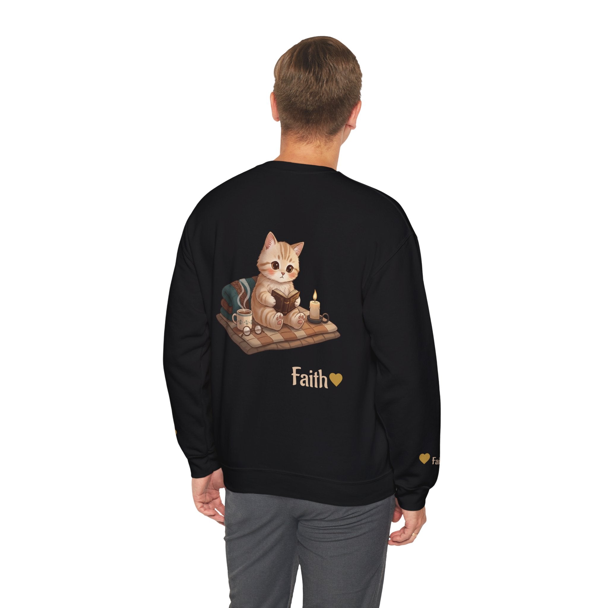 Faith Cozy Cat Crewneck Sweatshirt – Candlelight Cat Faith Sweatshirt | Quiet Comfort Apparel