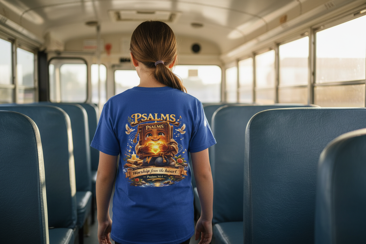 Youth Christian t-shirt featuring the phrase “Praise Him Psalms 34:1” on a soft lightweight tee designed for faith-inspired everyday wear.