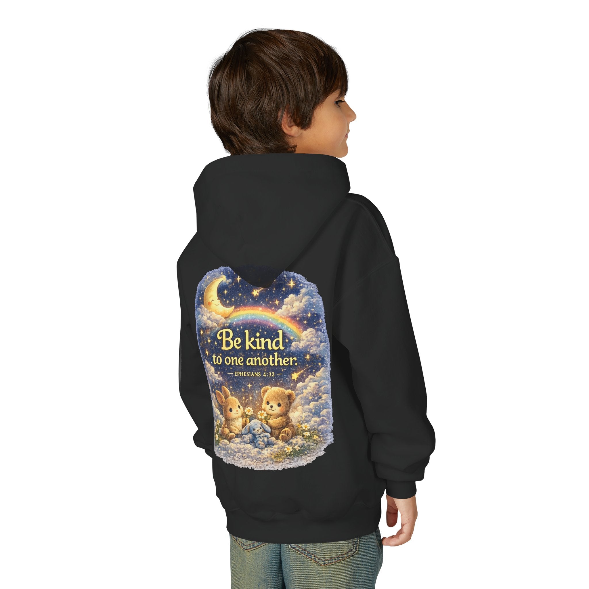 Youth “Be Kind to One Another” Hoodie – Cute Bunny Night Sky Scripture Sweatshirt