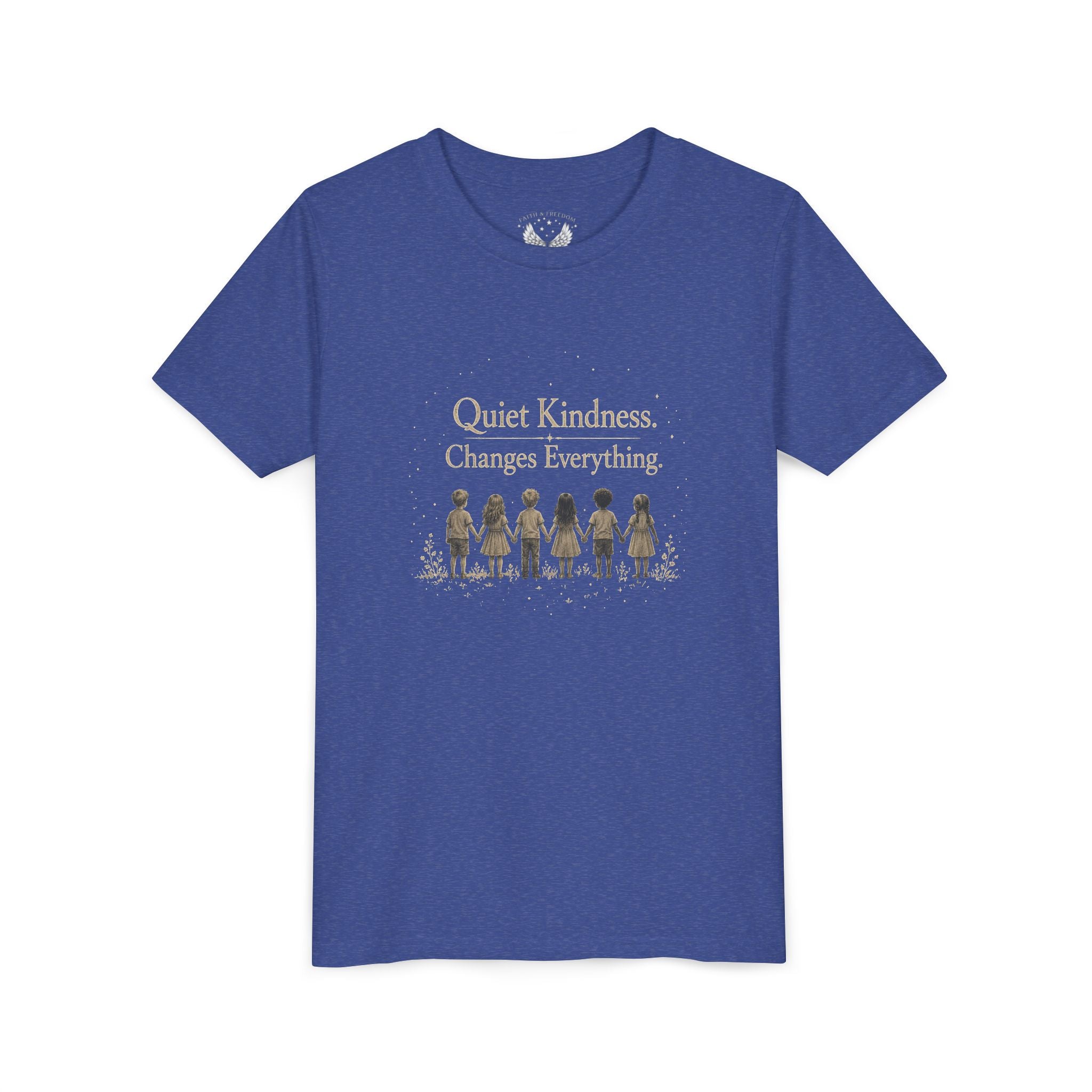 Youth “Quiet Kindness Changes Everything” Tee – Kids Inspirational T-Shirt with Earth & Friends Graphic