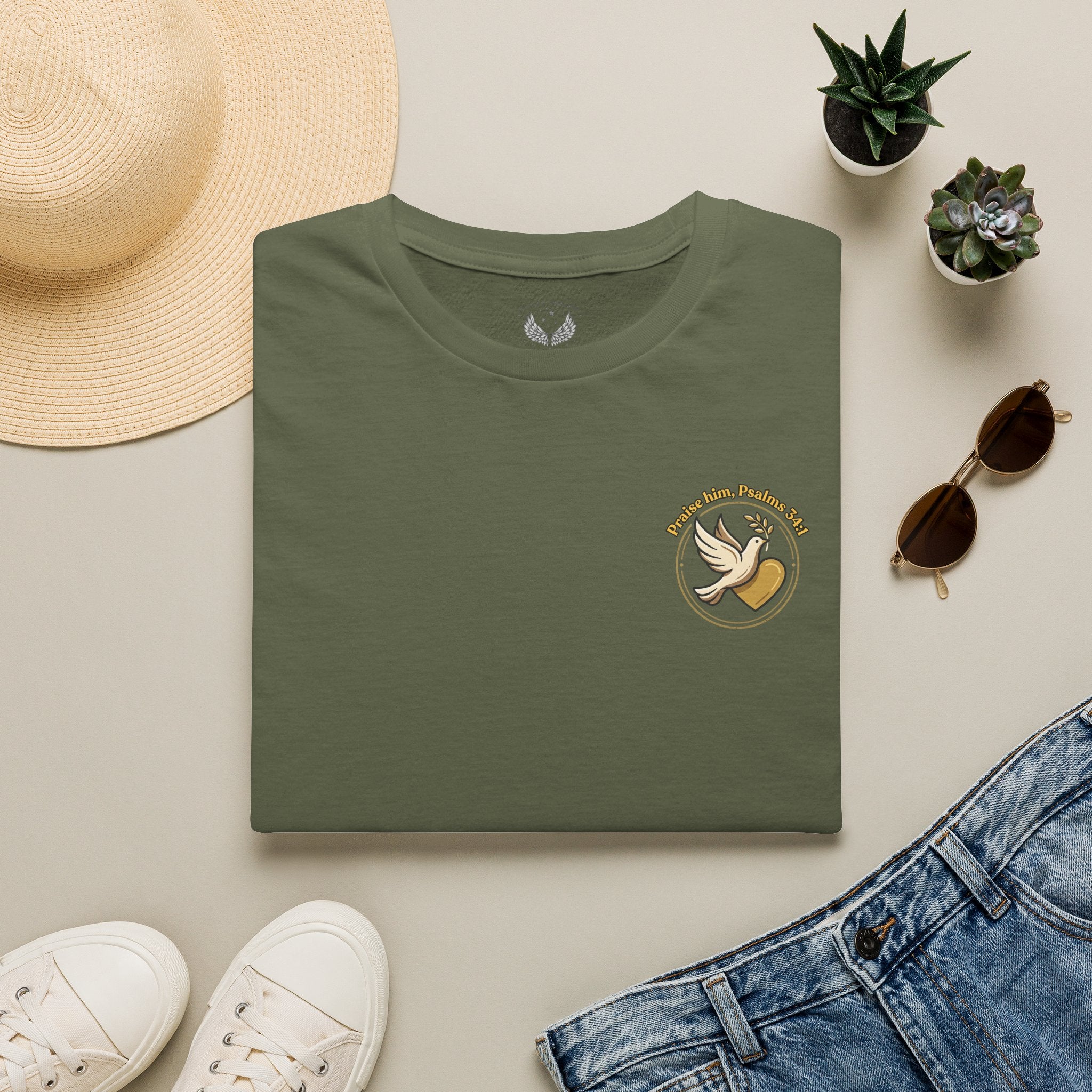 Minimalist Christian T-shirt featuring a Dove of Peace chest emblem with the words “Pray, Love, Remember” on a soft lightweight faith-inspired tee.