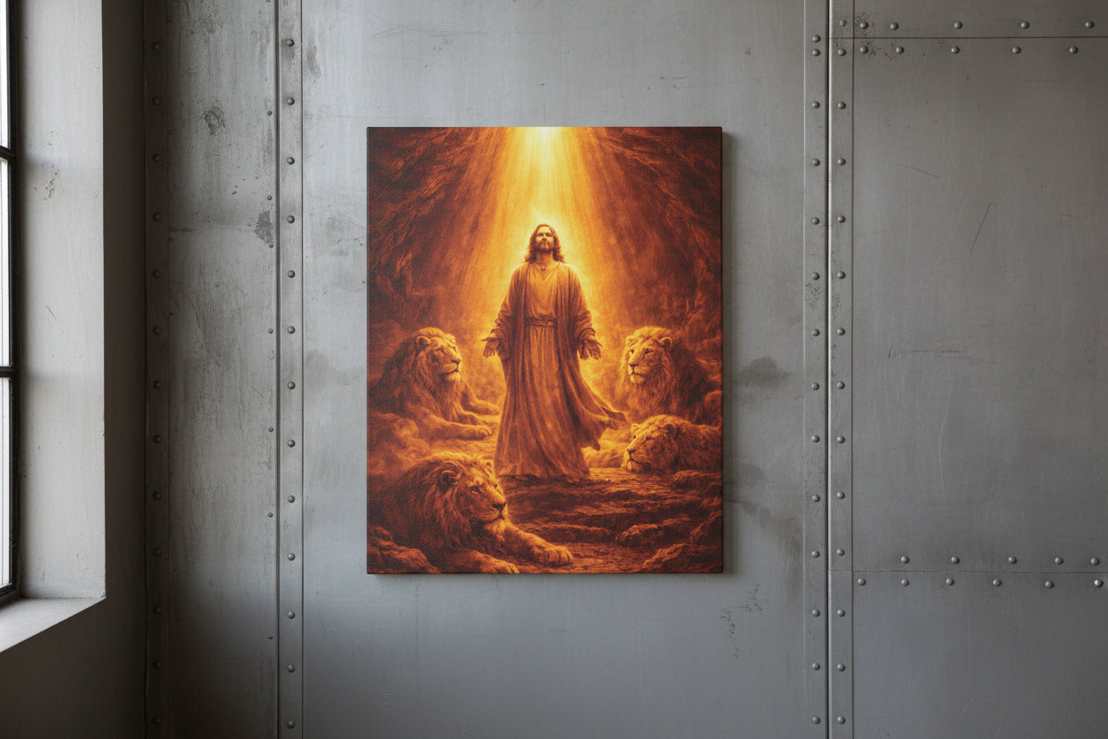 Daniel in the Lions' Den Canvas — Gold Biblical Wall Art | Christian Faith Decor
