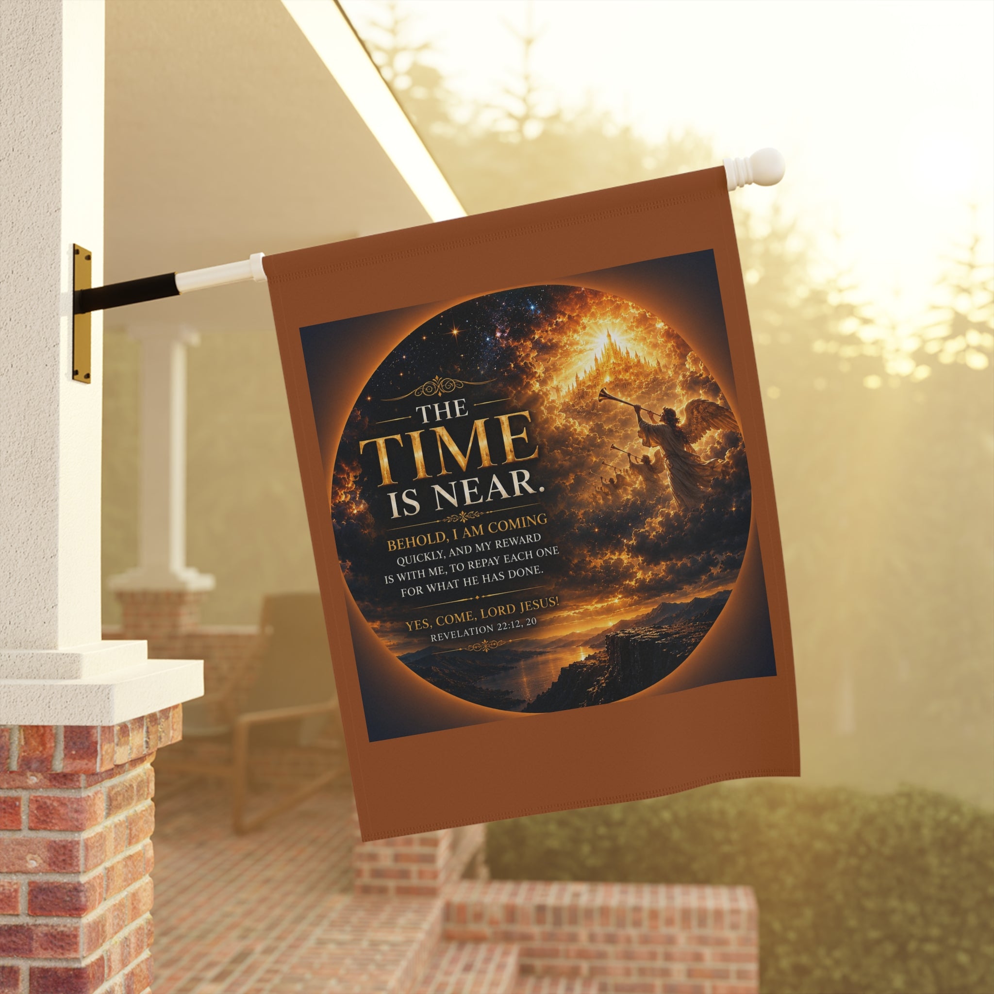 Inspirational religious garden flag featuring glowing twilight clouds, warm amber skies, and the phrase “The Time Is Near” in peaceful celestial artwork.
