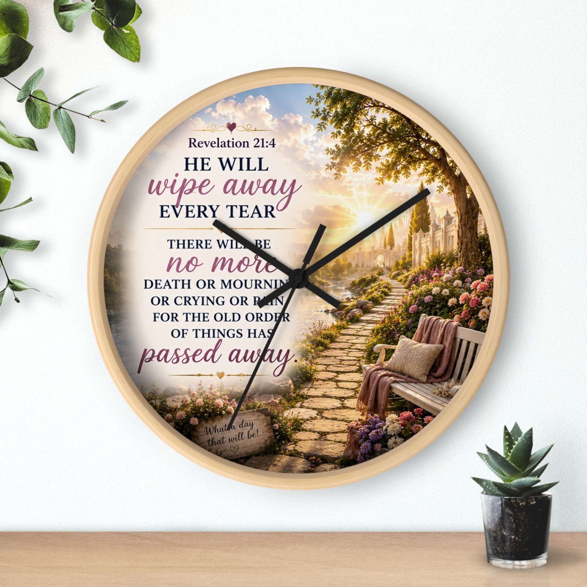 Revelation 21:4 Wall Clock | Christian Prayer Garden Decor | Inspirational Silent Wall Clock